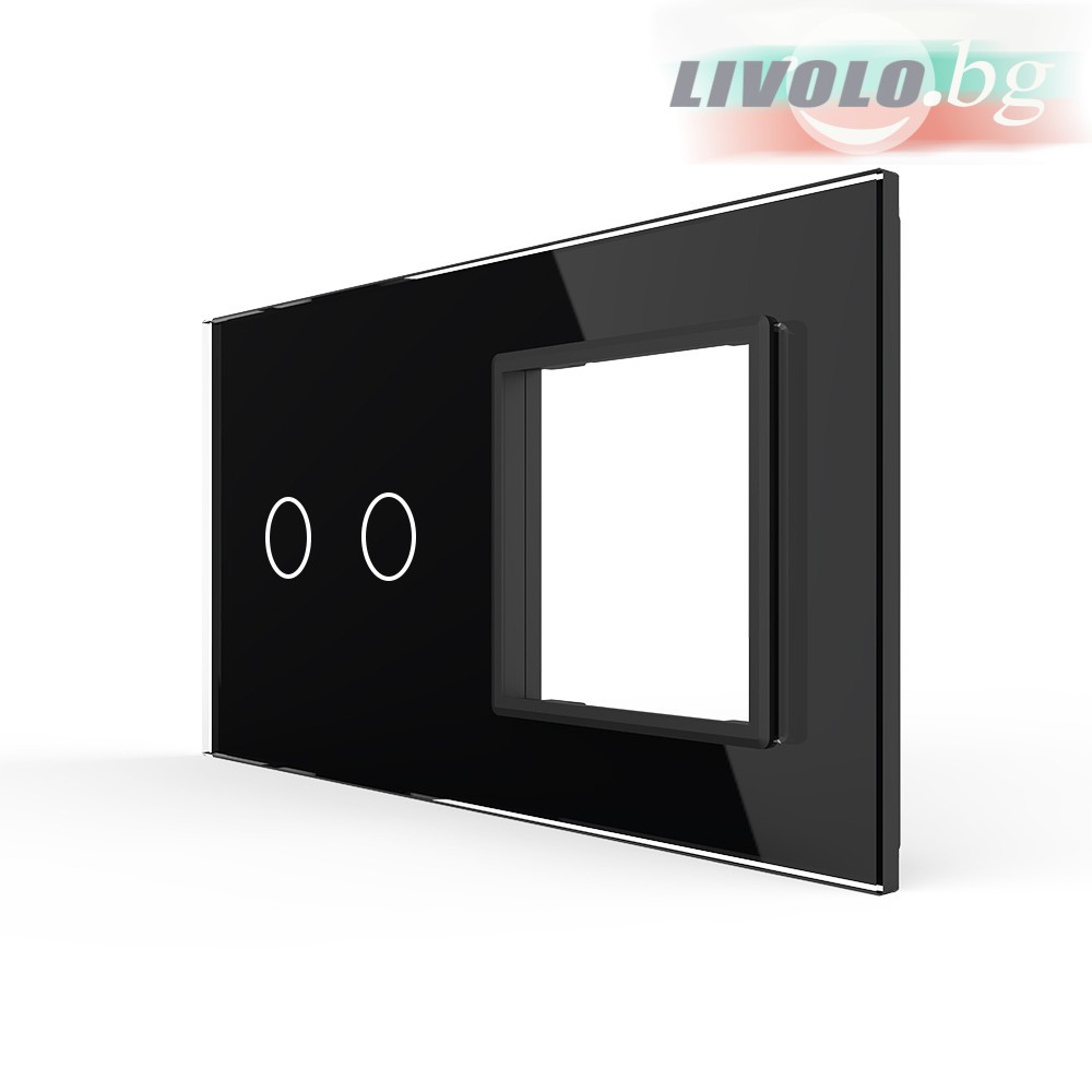 LIVOLO - 702G-62 (C7-C2/SR-12) - ЧЕРЕН, панел кристално стъкло, 2 точки + 1 гнездо контакт, 151mm*80mm, EU