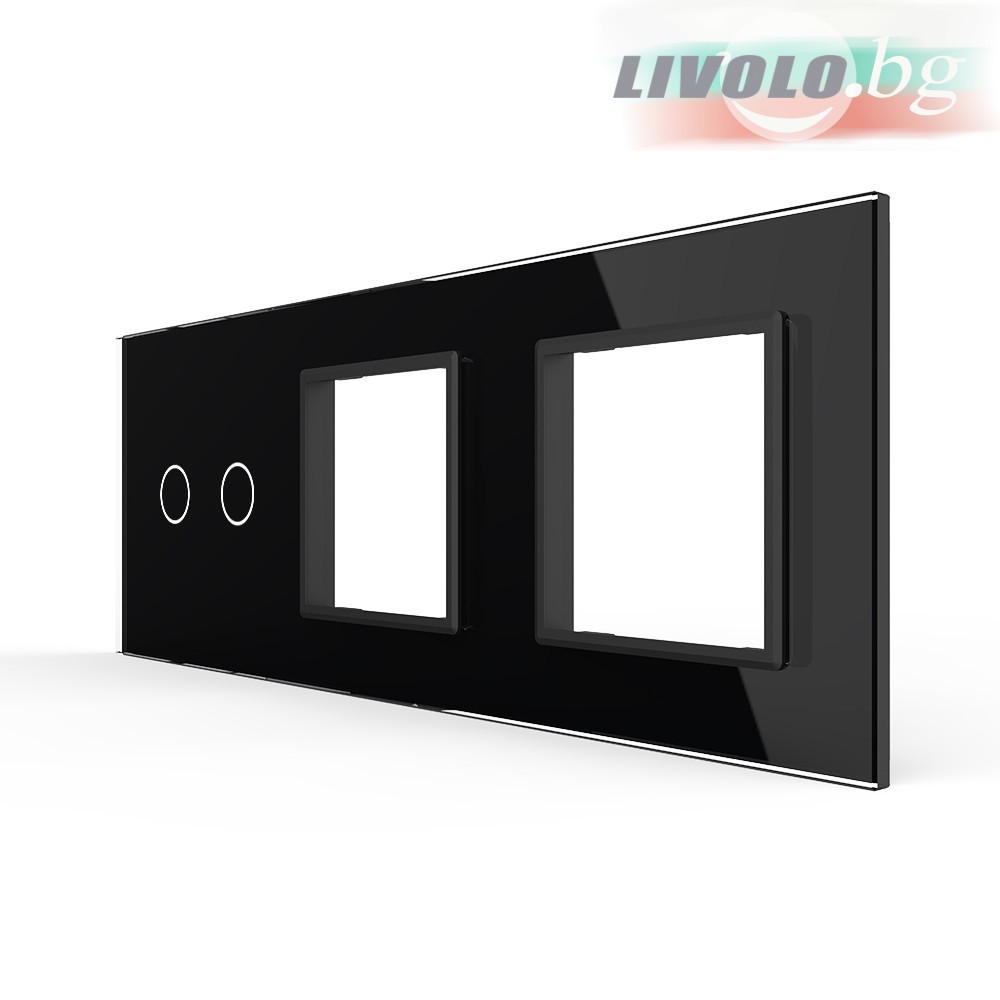 LIVOLO - 702GG-62 (C7-C2/SR/SR-12) - ЧЕРЕН, панел кристално стъкло, 2 точки + 2 гнезда контакт, 223mm*80mm, EU