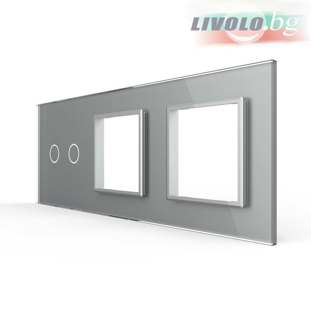LIVOLO - 702GG-64 (C7-C2/SR/SR-15) - СРЕБРИСТ, панел кристално стъкло, 2 точки + 2 гнезда контакт, 223mm*80mm, EU
