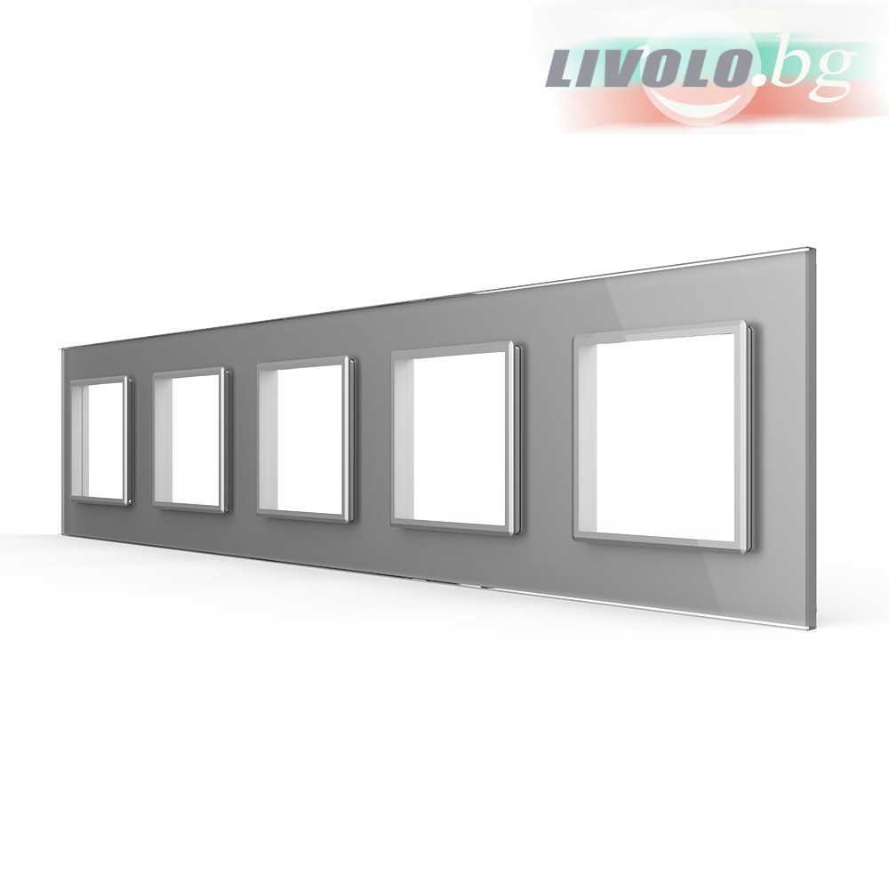 LIVOLO - GPF-5-64 (C7-SR/SR/SR/SR/SR-15) - СРЕБРИСТ, панел кристално стъкло, 5 гнезда контакт, 364mm*80mm, EU