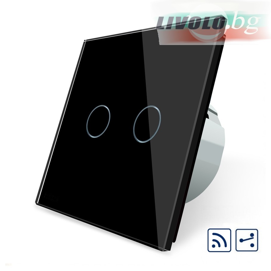 LIVOLO - VL-C702SR-62 - ЧЕРЕН, 2 сензорни КЛЮЧA, ДИСТАНЦИОННЕН КОНТРОЛ, 2 ПОСОКИ, панел от кристално стъкло, подсвет